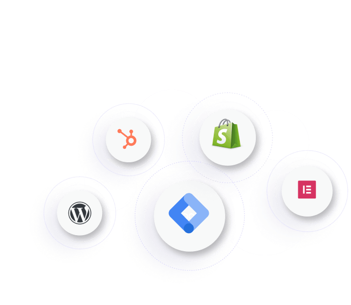 Fyra cirklar som representerar välkända webbplattformar och hanteringsverktyg: HubSpot-logotyp, Shopify-logotyp, WordPress-logotyp och Google Tag Manager-logotyp.